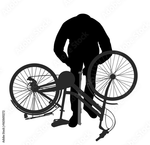 Man pumping up bicycle tire vector silhouette illustration isolated. Boy pumps tire and fixes a wheel on overturned bicycle shape shadow. Male solves accident on the road. Fix problem transportation.