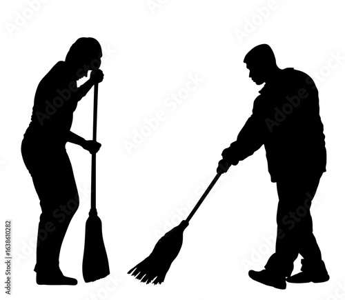Cleaning couple lady and man with broom floor cleaning. Housemaid cleaner besom vector silhouette illustration isolated. Woman floor care service washing mop clean hospital. Housework job. House wife.