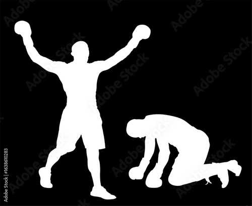Boxer fighter winner celebrate victory over loser opponent in knock out on knees on the ground vector silhouette isolated. Sport man raised spread arms. Male success boy glory win game Winner VS loser