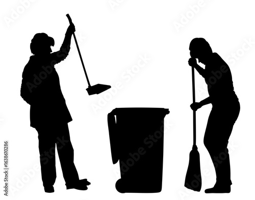 Teamwork cleaning lady wit broom. Housemaid cleaner besom vector silhouette illustration isolated. Woman floor care service washing mop in sterile factory, clean hospital. Housework job. House wife.