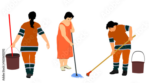 Teamwork cleaning lady wit broom. Housemaid cleaner besom vector illustration isolated. Woman floor care service washing mop in sterile factory, clean hospital. Housework job. House wife washing floor