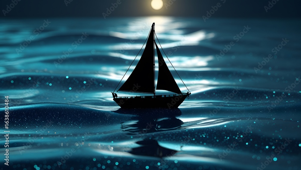 Fototapeta premium Stylized Black Sailboat Silhouette on Abstract Glitter Ocean – Digital Night Seascape Illustration 