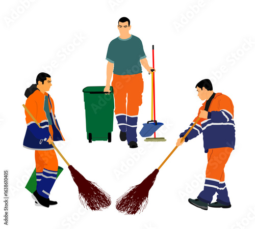 Sidewalk street cleaning team wit broom vector illustration isolated. Male teamwork cleaner besom. Man floor care service washing. Outdoor clean job. Urban maintenance communal service washing floor.