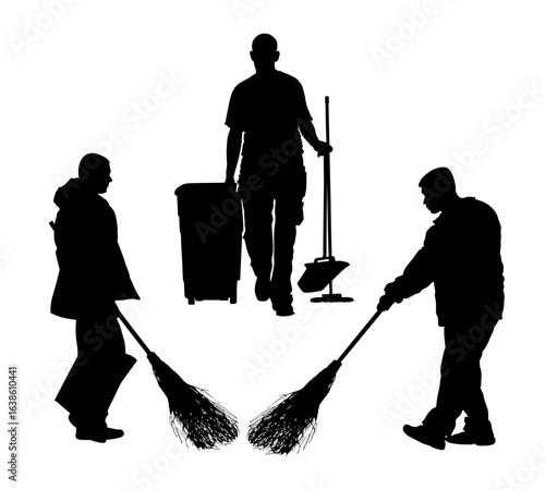 Sidewalk street cleaning team wit broom vector silhouette isolated. Male teamwork cleaner besom. Man floor care service washing. Outdoor clean job. Urban maintenance communal service washing floor.