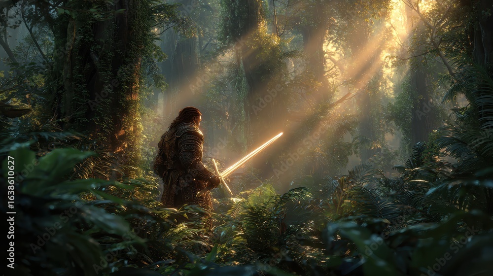 Warrior in Jungle, Sword Drawn, Sunlight, Lush Foliage, Game Promo Warrior in Jungle, Sword Drawn, Sunlight, Lush Foliage, Game Promo