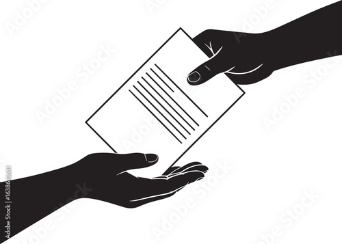 Hand Giving Document Black and White Illustration of Hand Passing Paper or Contract