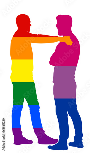 Handsome homosexual couple boys arm holding on shoulder vector silhouette isolated. Gay couple tenderness. Greeting emotional touch closeness hug man love male bisexual. Gay pride LGBT flag free love.