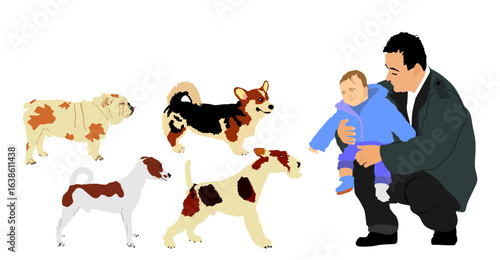 Father carrying baby son and show dogs new pet friends for play vector illustration isolated. Dad love little boy happy family outdoor. Fathers day. Parent and kid girl closeness. Adopted child enjoy.