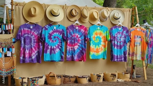 Colorful tie-dye t-shirts displayed on hangers at a vibrant outdoor market with straw hats
