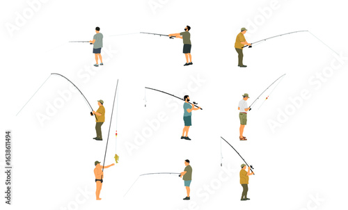 Collection set fisherman with fishing rod in hand catch fish vector illustration isolated. Outdoor leisure fishing sport activity. Hobby by water nature relaxation. Fisher man on river, lake or sea.