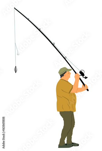 Fisherman with fishing rod in his hand catch the fish vector illustration isolated. Outdoor leisure fishing sport activity. Hobby by water in nature relaxation. Fisher man go to river, lake or sea.