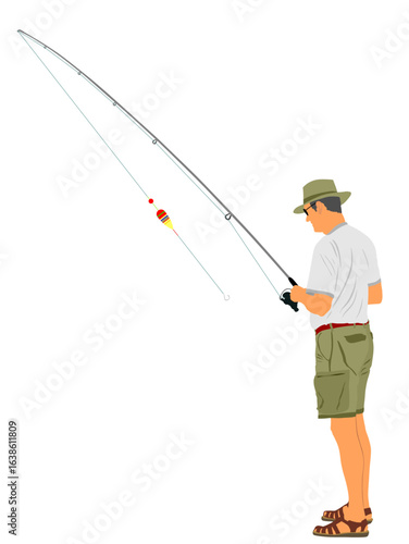 Fisherman with fishing rod in his hand catch the fish vector illustration isolated. Outdoor leisure fishing sport activity. Hobby by water in nature relaxation. Fisher man go to river, lake or sea.
