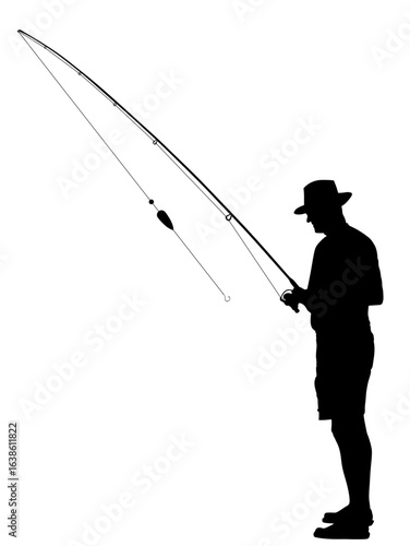 Fisherman with fishing rod in his hand catch the fish vector silhouette illustration isolated. Outdoor leisure fishing sport activity. Hobby by water in nature. Fisher man go to river, lake or sea.