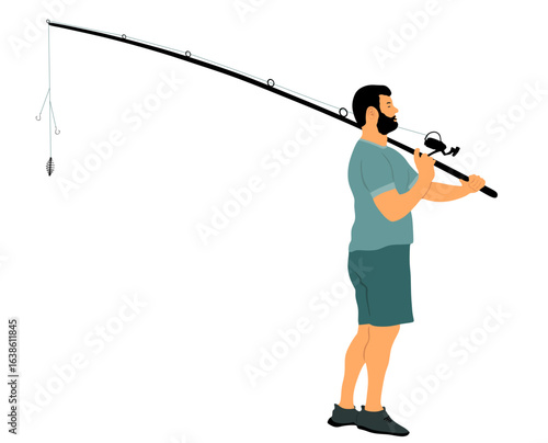 Fisherman with fishing rod in his hand catch the fish vector illustration isolated. Outdoor leisure fishing sport activity. Hobby by water in nature relaxation. Fisher man go to river, lake or sea.