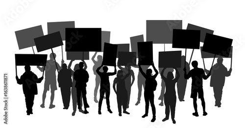 Group of people protesters vector silhouette illustration isolated. Man hand holding sign. Empty banner plate. Blank protest flag. Political agitation campaign. Demonstration social laborers rights