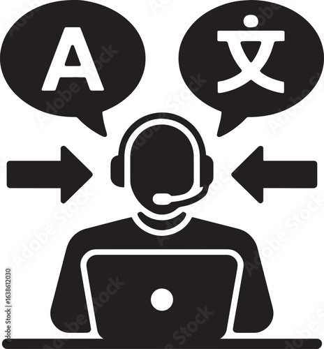 Translation and Interpretation Icon with Translator, Laptop, and Language Speech Bubbles