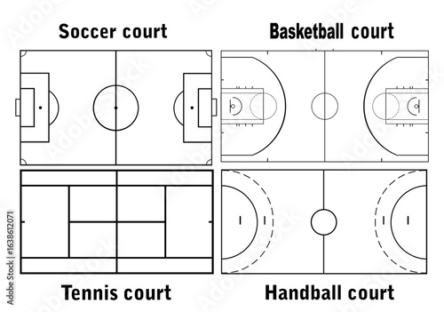 Collection of sport fields set vector illustration isolated. Basketball court. Soccer football field scheme symbol. Sport handball terrain draft. Tennis field symbol. Time out plan strategy of game.