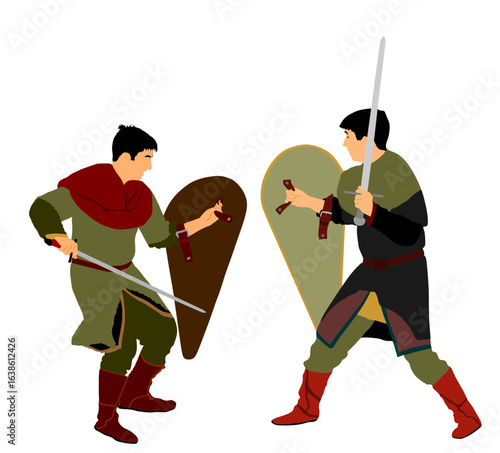 Duel knights with shield and sword fight vector illustration isolated. Medieval fighter battle. Hero protects castle walls. Armed brave man defend family people honor. Protect country against enemy.