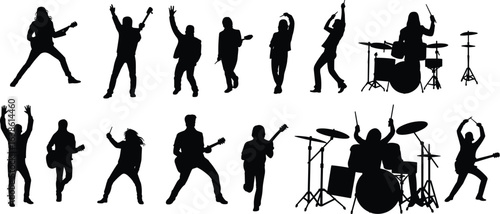 Musician silhouette set, live performance vector, guitar drum clipart, energetic band icons, concert pose illustration, music activity graphic