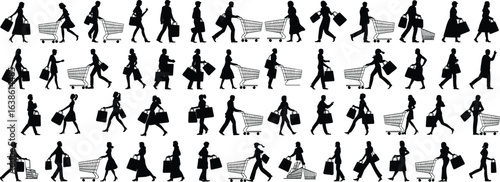 Shopping silhouette set, people with bags, retail activity vector, consumer behavior icons, walking shoppers clipart, market cart illustration
