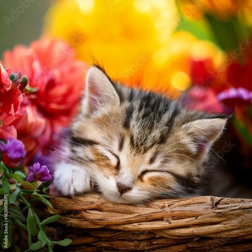 花に囲まれて眠る子猫