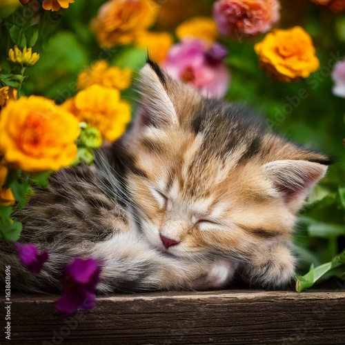 花に囲まれて眠る子猫