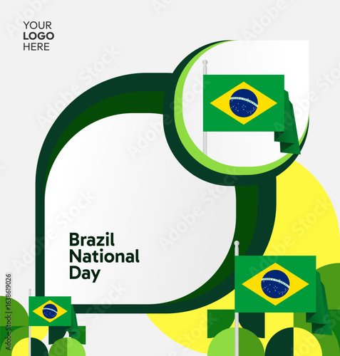 Happy Brazil National Day. Social post template to celebrate Brazil independence day. Background with an creative geometric pattern and the Brazilian flag. Holiday concept illustration