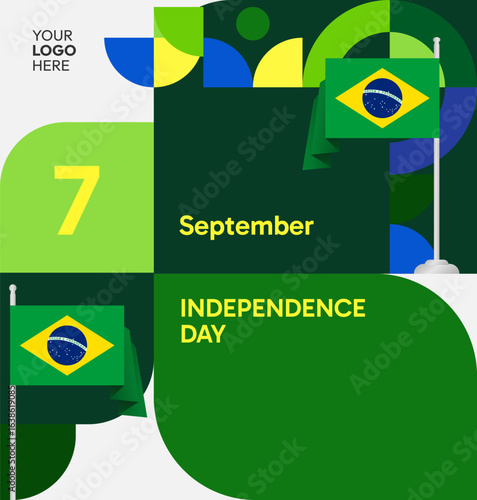 Happy Brazil National Day. Social post template to celebrate Brazil independence day. Background with an creative geometric pattern and the Brazilian flag. Holiday concept illustration