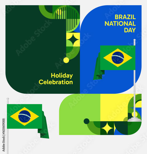 Happy Brazil National Day. Social post template to celebrate Brazil independence day. Background with an creative geometric pattern and the Brazilian flag. Holiday concept illustration