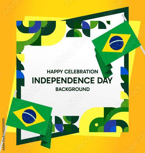Happy Brazil National Day. Social post template to celebrate Brazil independence day. Background with an creative geometric pattern and the Brazilian flag. Holiday concept illustration