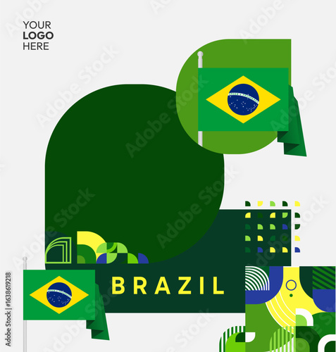 Happy Brazil National Day. Social post template to celebrate Brazil independence day. Background with an creative geometric pattern and the Brazilian flag. Holiday concept illustration