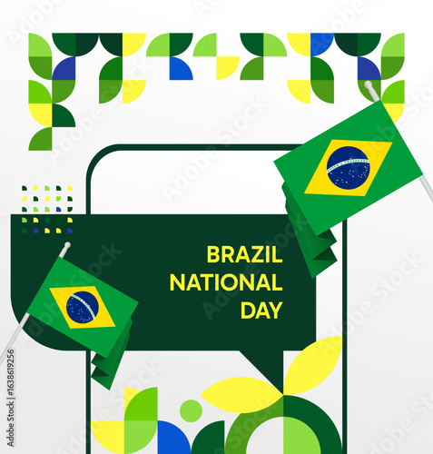 Happy Brazil National Day. Social post template to celebrate Brazil independence day. Background with an creative geometric pattern and the Brazilian flag. Holiday concept illustration
