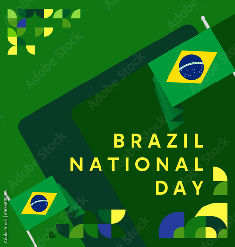 Happy Brazil National Day. Social post template to celebrate Brazil independence day. Background with an creative geometric pattern and the Brazilian flag. Holiday concept illustration