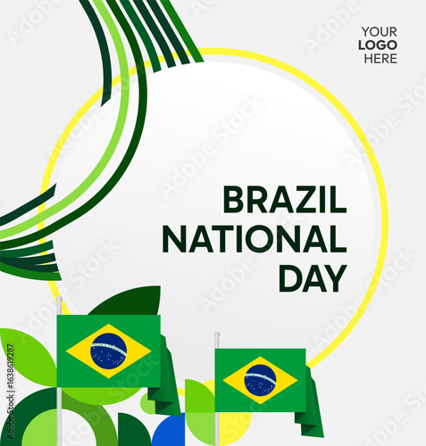 Happy Brazil National Day. Social post template to celebrate Brazil independence day. Background with an creative geometric pattern and the Brazilian flag. Holiday concept illustration