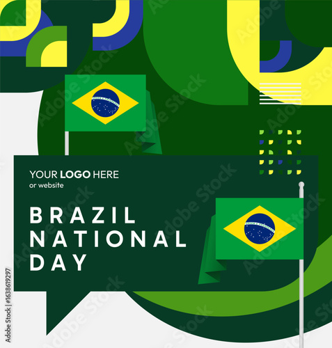 Happy Brazil National Day. Social post template to celebrate Brazil independence day. Background with an creative geometric pattern and the Brazilian flag. Holiday concept illustration