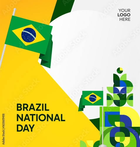 Happy Brazil National Day. Social post template to celebrate Brazil independence day. Background with an creative geometric pattern and the Brazilian flag. Holiday concept illustration