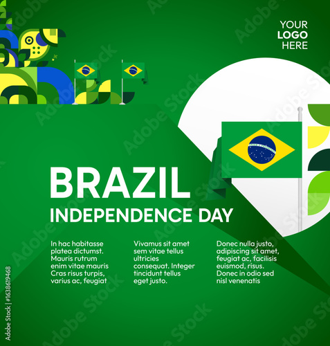Happy Brazil National Day. Social post template to celebrate Brazil independence day. Background with an creative geometric pattern and the Brazilian flag. Holiday concept illustration