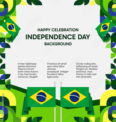 Happy Brazil National Day. Social post template to celebrate Brazil independence day. Background with an creative geometric pattern and the Brazilian flag. Holiday concept illustration