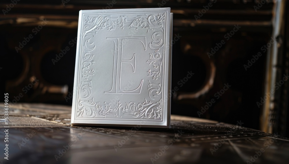 Fototapeta premium Elegant embossed book on wooden table, dark background, event seating chart