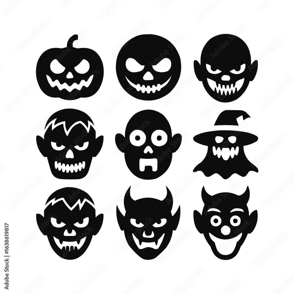 Fototapeta premium Halloween Monster Faces Nine Glyph Icons, Spooky Black and White, Vector Graphics.