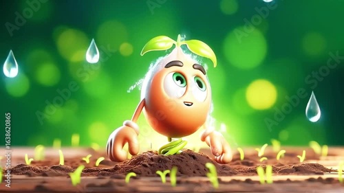 3D funny seed cartoon germinating in the soil with falling water droplets. Biology concepts