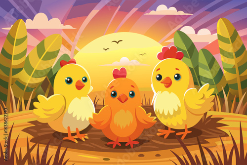vector of Four chickens on straw at sunset. Farm animals, nature. For design, greeting cards, social media.