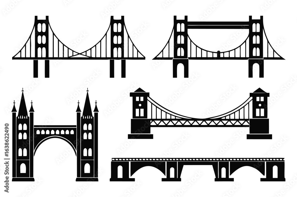 Fototapeta premium Famous bridges vector illustration silhouette set