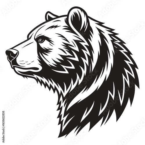 Illustration of a bear head in black and white with detailed fur and a side profile view of the animal face created with generated ai