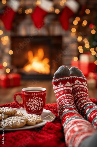 Wallpaper Mural Cozy Christmas scene with striped socks, festive mug, cookies, and warm fireplace background Torontodigital.ca