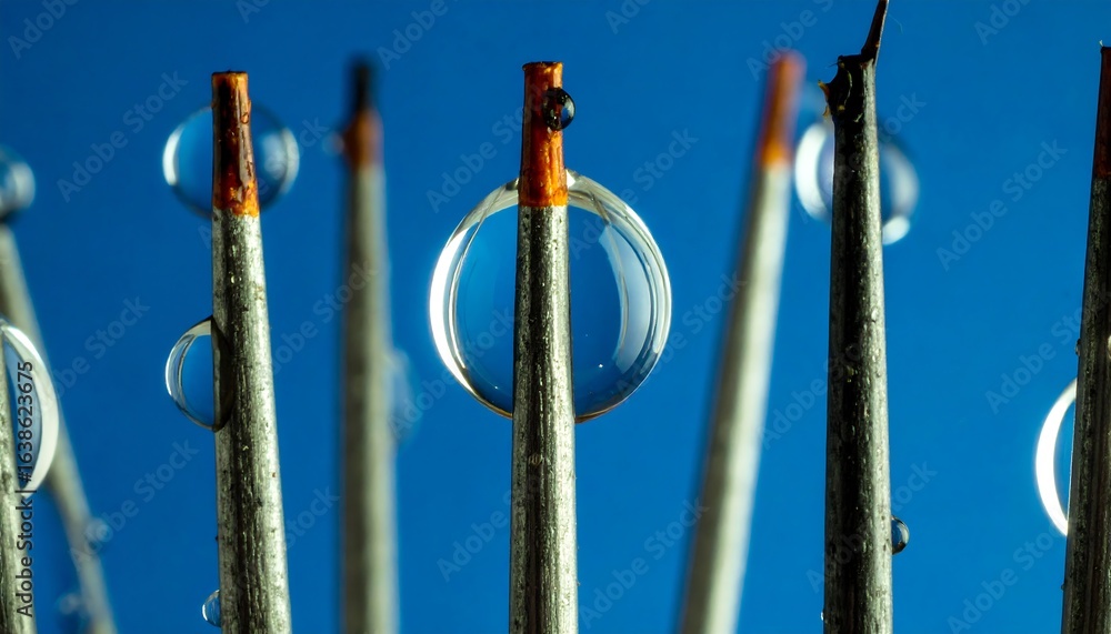Fototapeta premium Water droplets perched on metallic stems against a vibrant blue background.