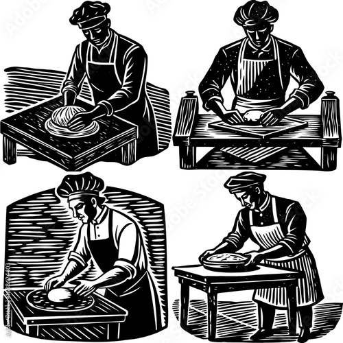Silhouette of Baker Kneading Dough with Woodcut Texture and Motion Lines