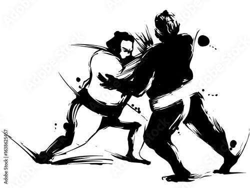 Sumo Wrestlers Clash – Japanese Sumi-e Ink Painting