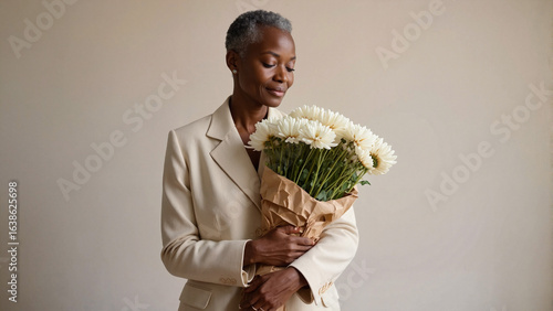 Mature Black Woman with Serene Mood Holding a Bouquet of white chrysanthemums Against a Neutral Background