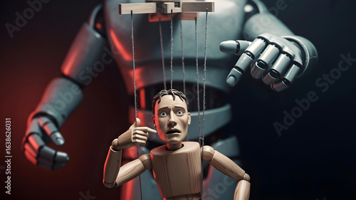 Large humanoid robot manipulating distressed wooden puppet with strings concept of AI control automation and human subjugation in dramatic lighting